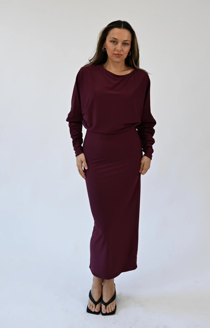 Helsa Matte Jersey Open Back Dress in Cabernet
